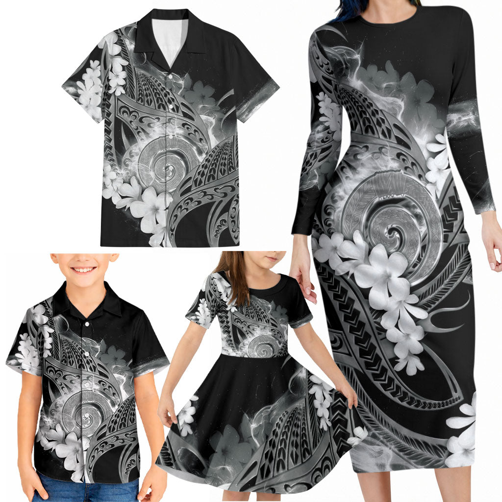 Piko Hawaiian Family Matching Long Sleeve Bodycon Dress and Hawaiian Shirt Monochrome Galaxy Spiral Plumeria Tribal Patterns DT05 - Polynesian Pride