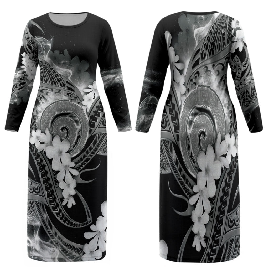 Piko Hawaiian Family Matching Long Sleeve Bodycon Dress and Hawaiian Shirt Monochrome Galaxy Spiral Plumeria Tribal Patterns DT05 Mom's Dress Black - Polynesian Pride