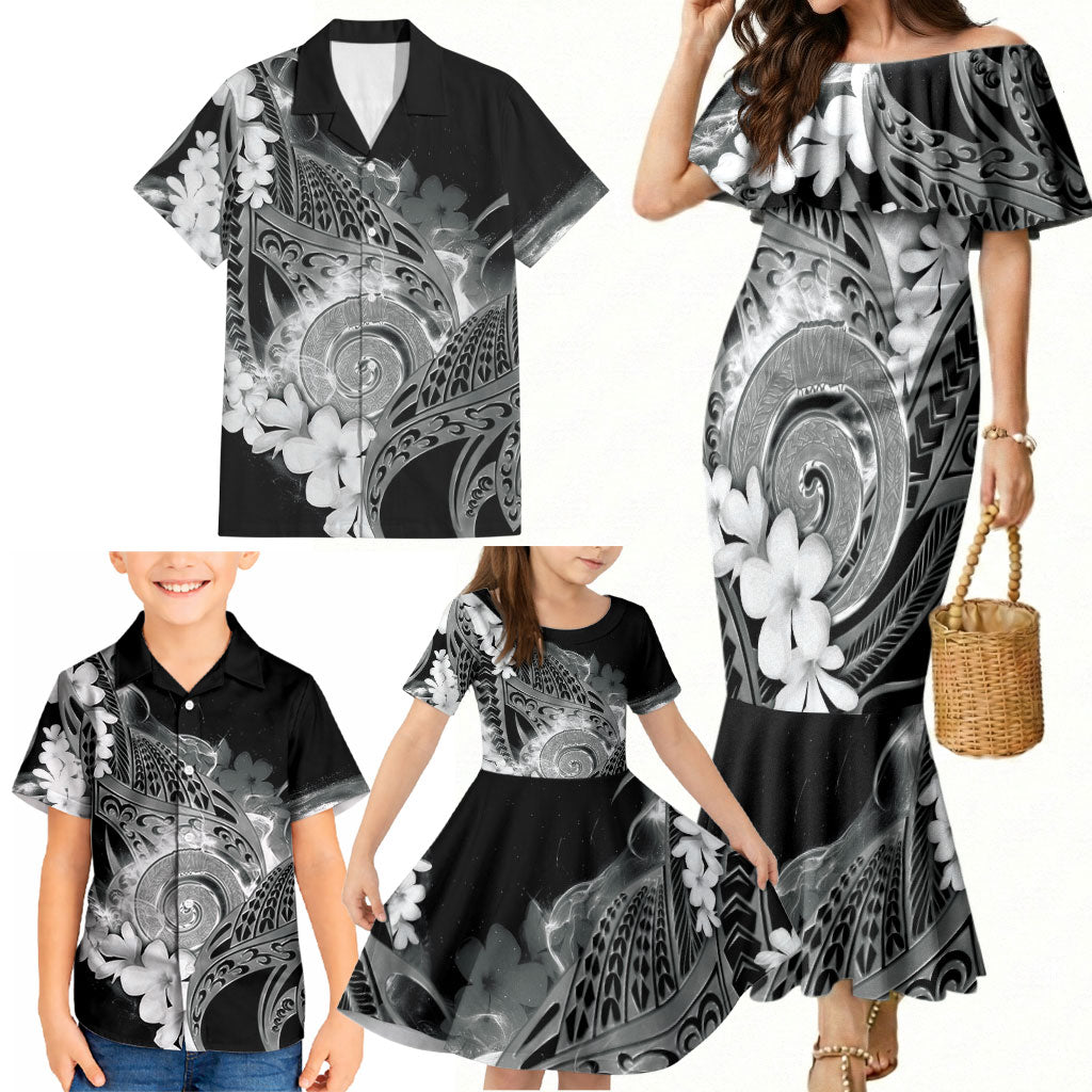 Piko Hawaiian Family Matching Mermaid Dress and Hawaiian Shirt Monochrome Galaxy Spiral Plumeria Tribal Patterns DT05 - Polynesian Pride