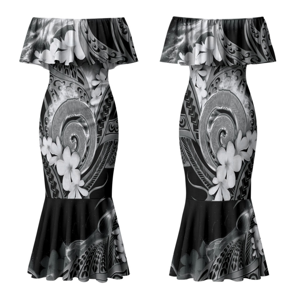 Piko Hawaiian Family Matching Mermaid Dress and Hawaiian Shirt Monochrome Galaxy Spiral Plumeria Tribal Patterns DT05 Mom's Dress Black - Polynesian Pride