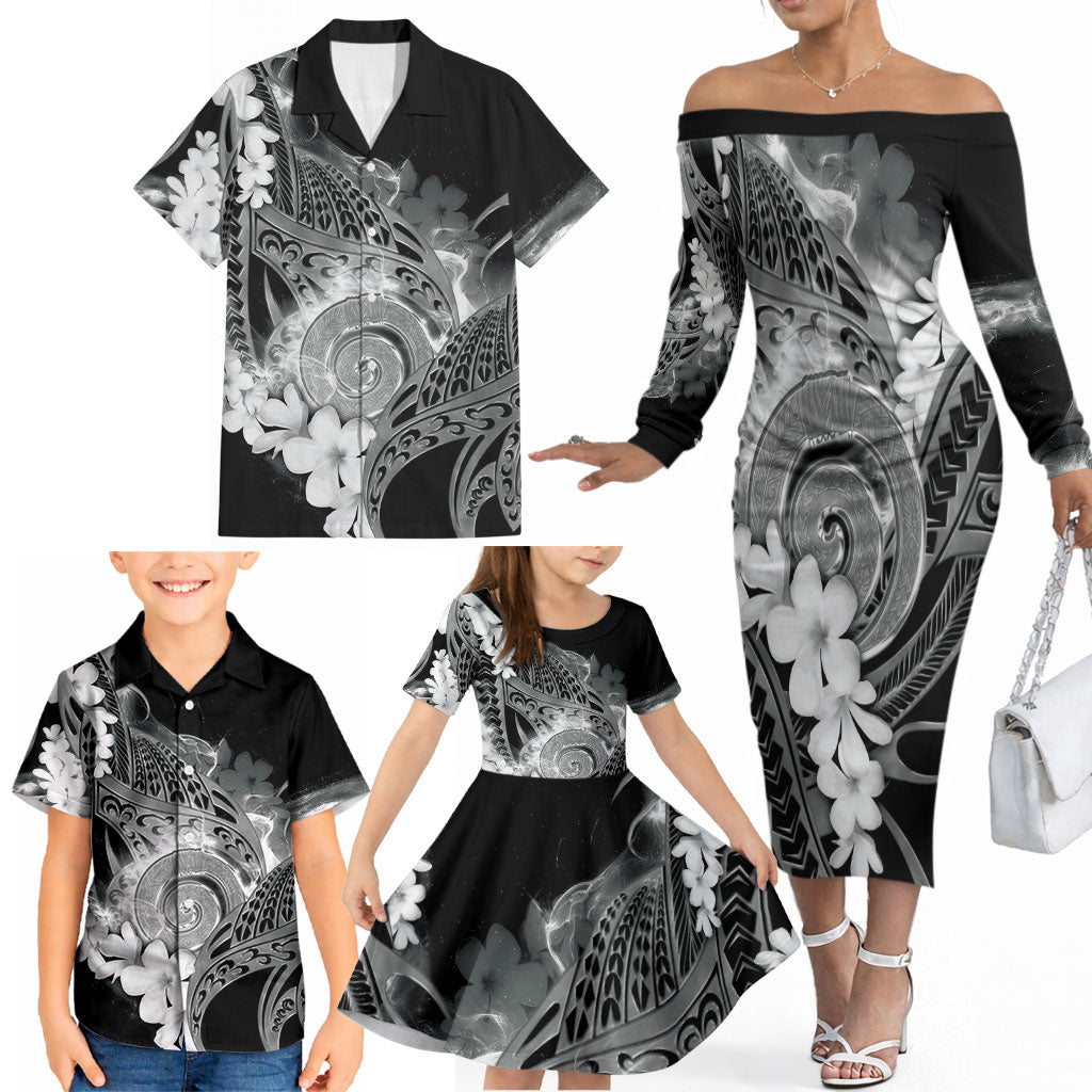 Piko Hawaiian Family Matching Off The Shoulder Long Sleeve Dress and Hawaiian Shirt Monochrome Galaxy Spiral Plumeria Tribal Patterns DT05 - Polynesian Pride