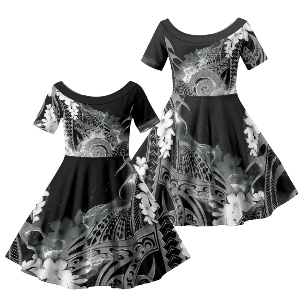 Piko Hawaiian Family Matching Off The Shoulder Long Sleeve Dress and Hawaiian Shirt Monochrome Galaxy Spiral Plumeria Tribal Patterns DT05 Daughter's Dress Black - Polynesian Pride