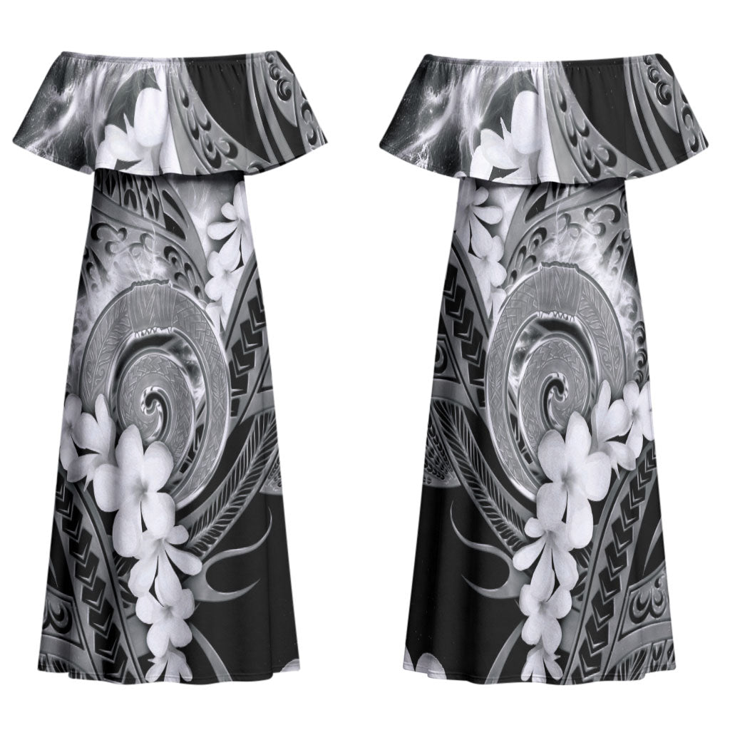 Piko Hawaiian Family Matching Off Shoulder Maxi Dress and Hawaiian Shirt Monochrome Galaxy Spiral Plumeria Tribal Patterns DT05 Mom's Dress Black - Polynesian Pride