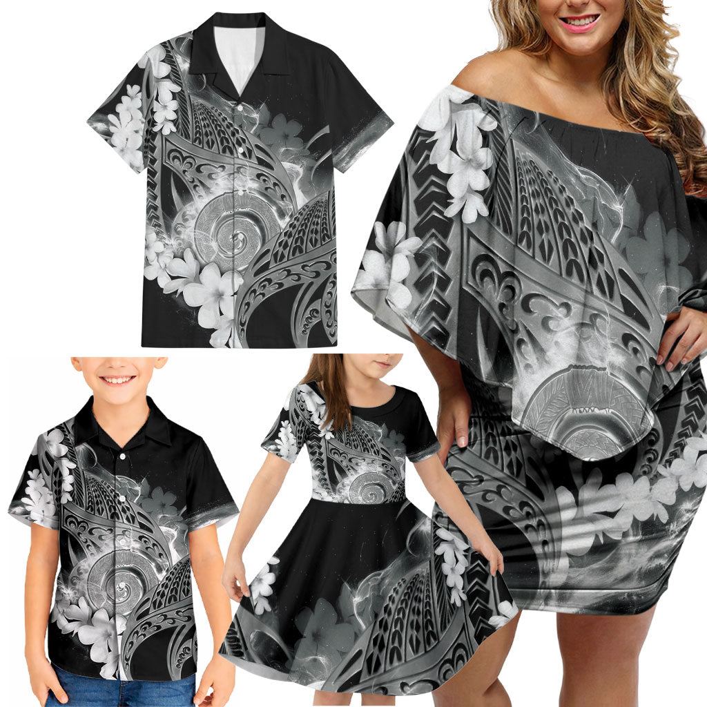 Piko Hawaiian Family Matching Off Shoulder Short Dress and Hawaiian Shirt Monochrome Galaxy Spiral Plumeria Tribal Patterns DT05 - Polynesian Pride