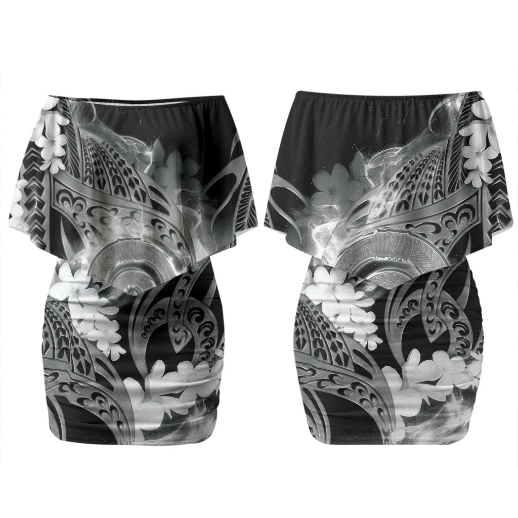 Piko Hawaiian Family Matching Off Shoulder Short Dress and Hawaiian Shirt Monochrome Galaxy Spiral Plumeria Tribal Patterns DT05 Mom's Dress Black - Polynesian Pride