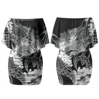 Piko Hawaiian Family Matching Off Shoulder Short Dress and Hawaiian Shirt Monochrome Galaxy Spiral Plumeria Tribal Patterns DT05 Mom's Dress Black - Polynesian Pride