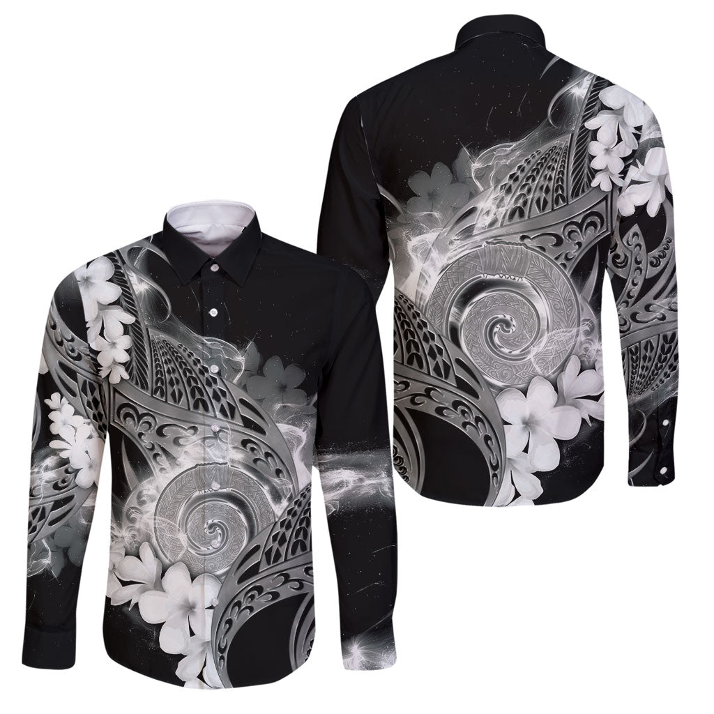 Piko Hawaiian Family Matching Off Shoulder Short Dress and Hawaiian Shirt Monochrome Galaxy Spiral Plumeria Tribal Patterns DT05 Dad's Shirt - Long Sleeve Black - Polynesian Pride