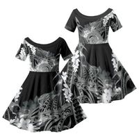 Piko Hawaiian Family Matching Puletasi and Hawaiian Shirt Monochrome Galaxy Spiral Plumeria Tribal Patterns DT05 Daughter's Dress Black - Polynesian Pride