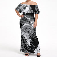 Piko Hawaiian Off Shoulder Maxi Dress Monochrome Galaxy Spiral Plumeria Tribal Patterns DT05 Women Black - Polynesian Pride