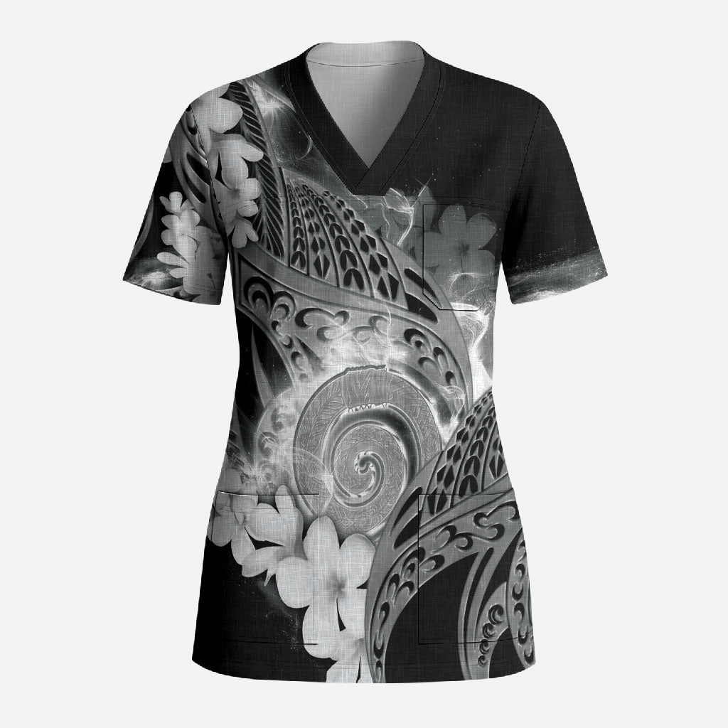 Piko Hawaiian Scrub Top Monochrome Galaxy Spiral Plumeria Tribal Patterns DT05 Adult Black - Polynesian Pride