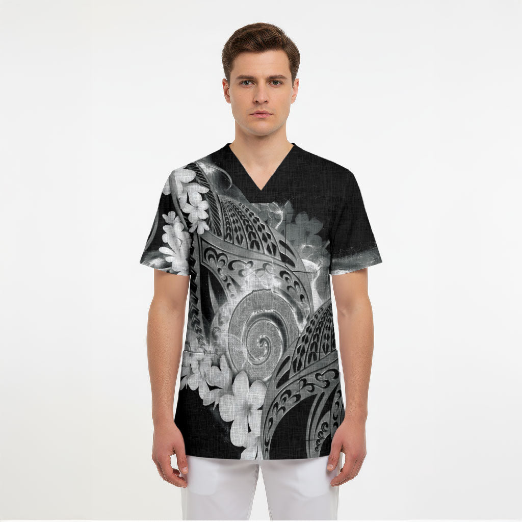 Piko Hawaiian Scrub Top Monochrome Galaxy Spiral Plumeria Tribal Patterns DT05 - Polynesian Pride