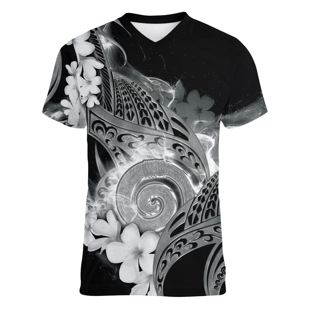 Piko Hawaiian Women V-Neck T-Shirt Monochrome Galaxy Spiral Plumeria Tribal Patterns DT05 Female Black - Polynesian Pride