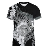 Piko Hawaiian Women V-Neck T-Shirt Monochrome Galaxy Spiral Plumeria Tribal Patterns DT05 Female Black - Polynesian Pride