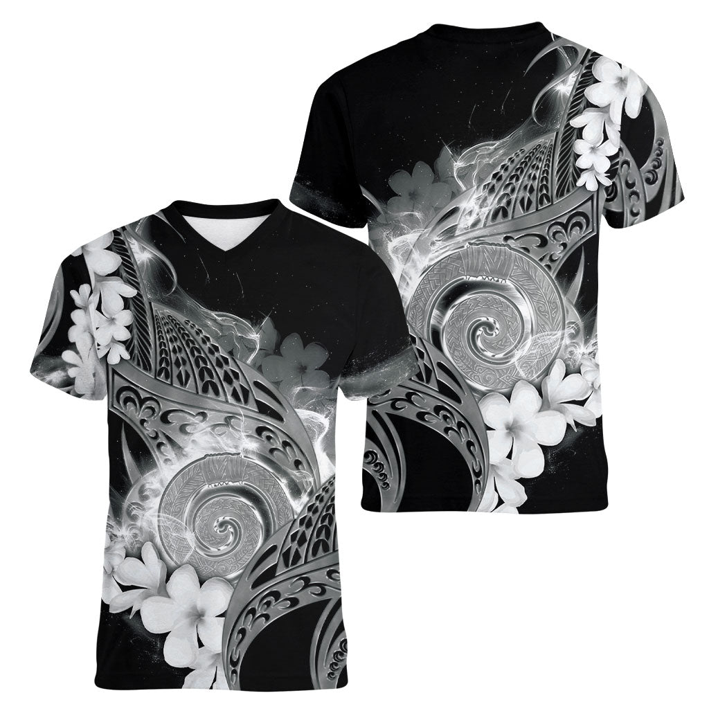 Piko Hawaiian Women V-Neck T-Shirt Monochrome Galaxy Spiral Plumeria Tribal Patterns DT05 - Polynesian Pride