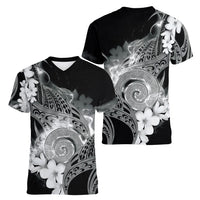 Piko Hawaiian Women V-Neck T-Shirt Monochrome Galaxy Spiral Plumeria Tribal Patterns DT05 - Polynesian Pride