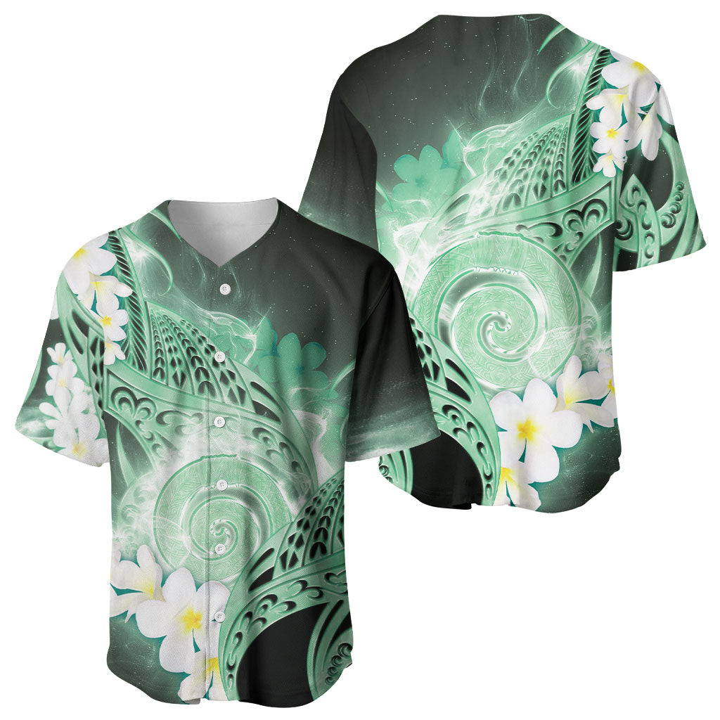 Piko Hawaiian Baseball Jersey Green Galaxy Spiral Plumeria Tribal Patterns DT05 - Polynesian Pride
