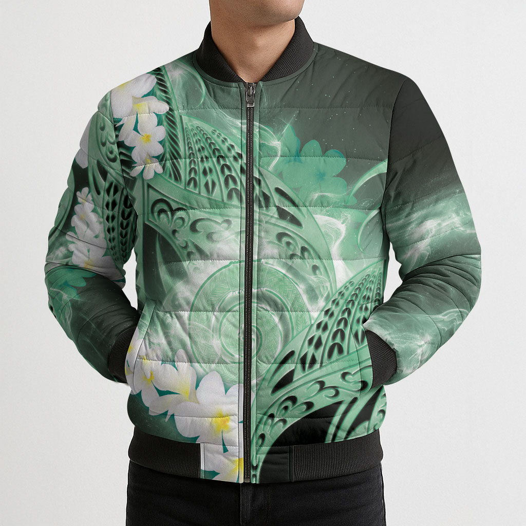 Piko Hawaiian Bomber Puffer Jacket Green Galaxy Spiral Plumeria Tribal Patterns DT05 - Polynesian Pride
