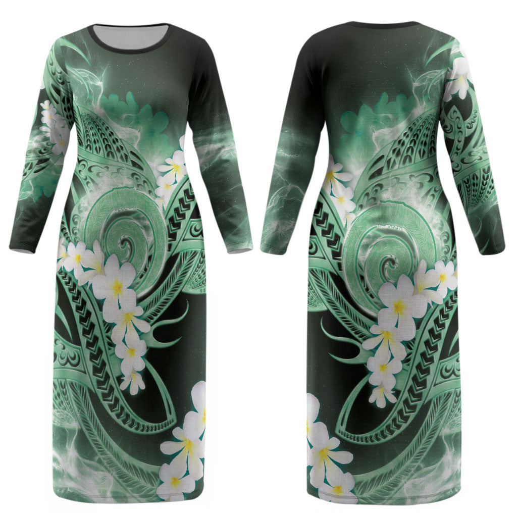 Piko Hawaiian Couples Matching Long Sleeve Bodycon Dress and Hawaiian Shirt Green Galaxy Spiral Plumeria Tribal Patterns DT05 - Polynesian Pride