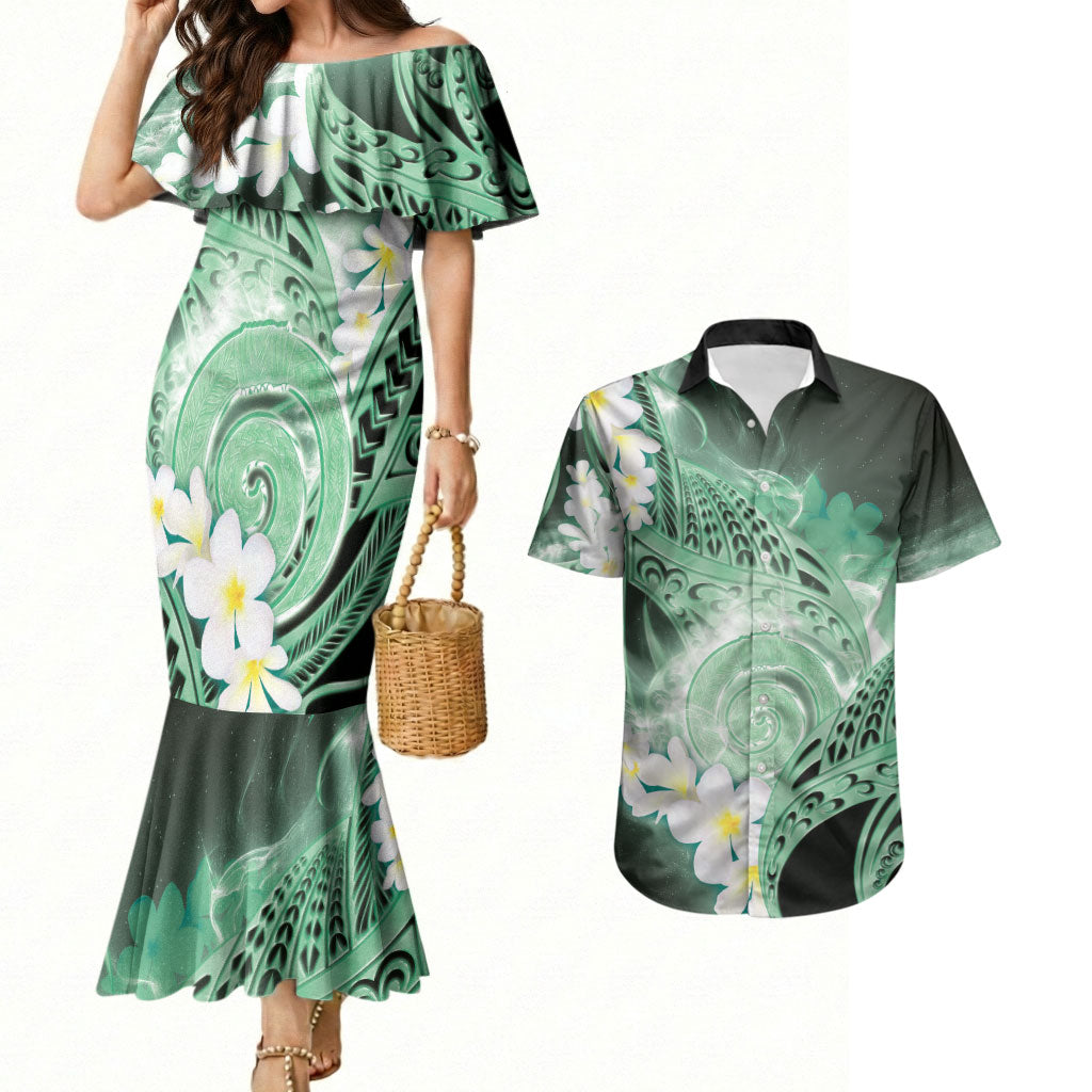 Piko Hawaiian Couples Matching Mermaid Dress and Hawaiian Shirt Green Galaxy Spiral Plumeria Tribal Patterns DT05 Green - Polynesian Pride