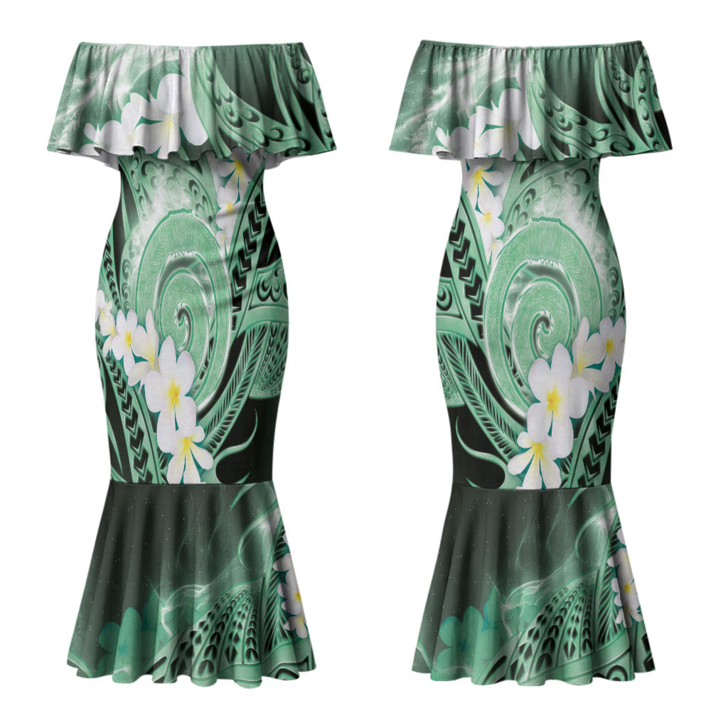 Piko Hawaiian Couples Matching Mermaid Dress and Long Sleeve Button Shirt Green Galaxy Spiral Plumeria Tribal Patterns DT05 - Polynesian Pride