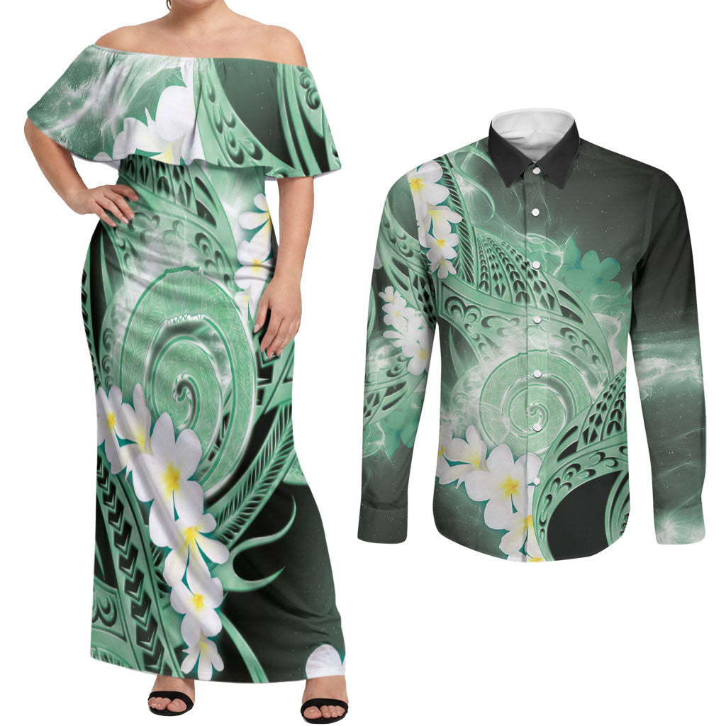 Piko Hawaiian Couples Matching Off Shoulder Maxi Dress and Long Sleeve Button Shirt Green Galaxy Spiral Plumeria Tribal Patterns DT05 Green - Polynesian Pride