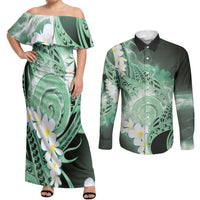 Piko Hawaiian Couples Matching Off Shoulder Maxi Dress and Long Sleeve Button Shirt Green Galaxy Spiral Plumeria Tribal Patterns DT05 Green - Polynesian Pride
