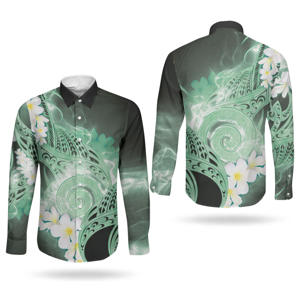Piko Hawaiian Couples Matching Off Shoulder Maxi Dress and Long Sleeve Button Shirt Green Galaxy Spiral Plumeria Tribal Patterns DT05 - Polynesian Pride