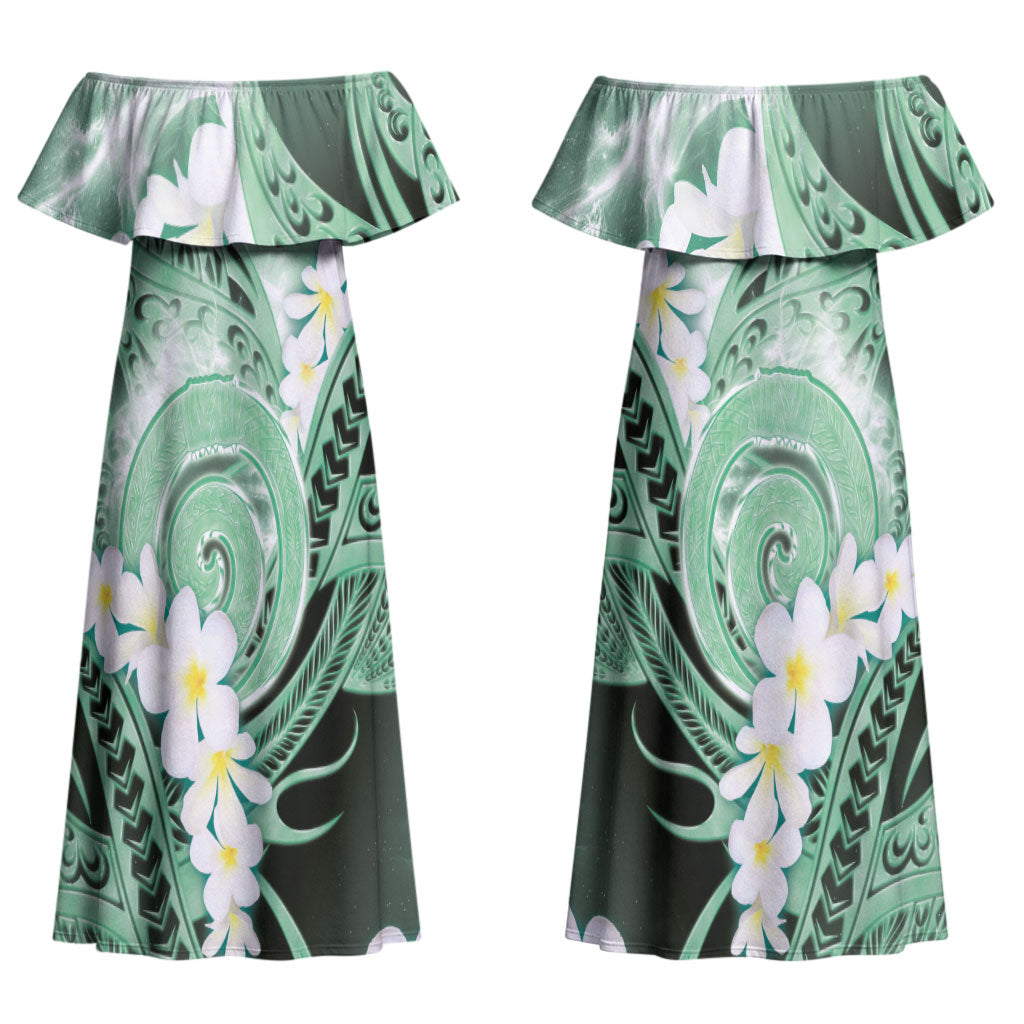 Piko Hawaiian Couples Matching Off Shoulder Maxi Dress and Long Sleeve Button Shirt Green Galaxy Spiral Plumeria Tribal Patterns DT05 - Polynesian Pride