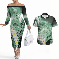 Piko Hawaiian Couples Matching Off The Shoulder Long Sleeve Dress and Hawaiian Shirt Green Galaxy Spiral Plumeria Tribal Patterns DT05 Green - Polynesian Pride