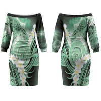 Piko Hawaiian Couples Matching Off The Shoulder Long Sleeve Dress and Hawaiian Shirt Green Galaxy Spiral Plumeria Tribal Patterns DT05 - Polynesian Pride