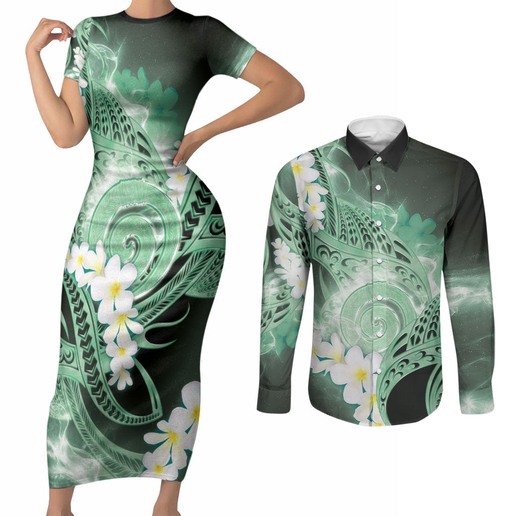 Piko Hawaiian Couples Matching Short Sleeve Bodycon Dress and Long Sleeve Button Shirt Green Galaxy Spiral Plumeria Tribal Patterns DT05 Green - Polynesian Pride