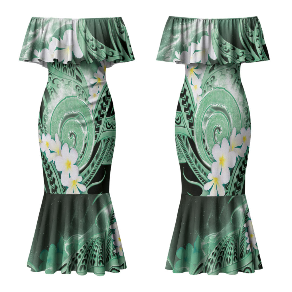 Piko Hawaiian Family Matching Mermaid Dress and Hawaiian Shirt Green Galaxy Spiral Plumeria Tribal Patterns DT05 Mom's Dress Green - Polynesian Pride