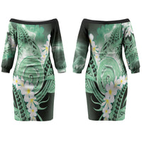 Piko Hawaiian Family Matching Off The Shoulder Long Sleeve Dress and Hawaiian Shirt Green Galaxy Spiral Plumeria Tribal Patterns DT05 Mom's Dress Green - Polynesian Pride