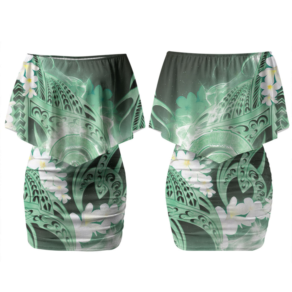 Piko Hawaiian Family Matching Off Shoulder Short Dress and Hawaiian Shirt Green Galaxy Spiral Plumeria Tribal Patterns DT05 Mom's Dress Green - Polynesian Pride