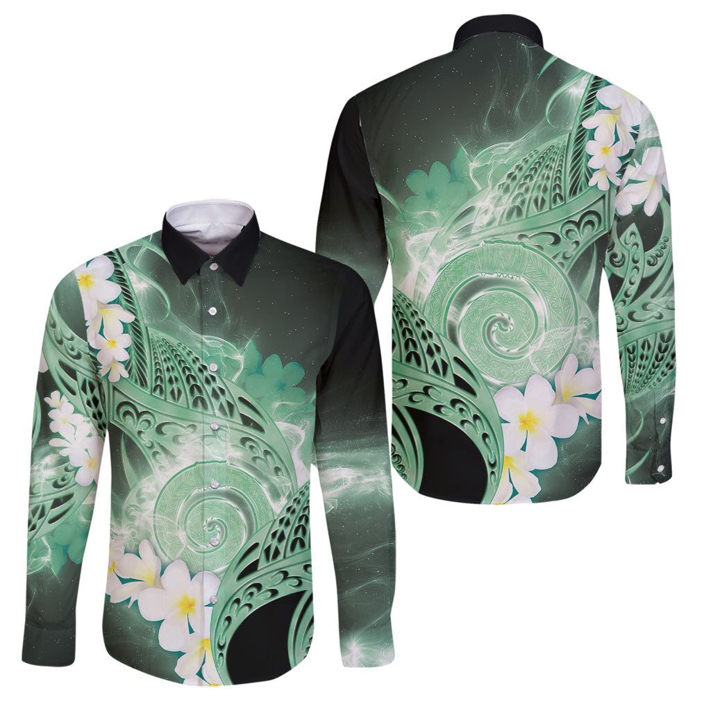 Piko Hawaiian Family Matching Puletasi and Hawaiian Shirt Green Galaxy Spiral Plumeria Tribal Patterns DT05 Dad's Shirt - Long Sleeve Green - Polynesian Pride