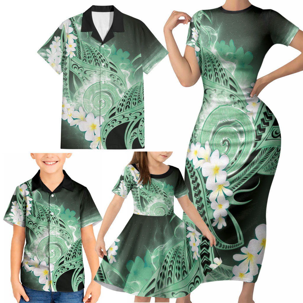 Piko Hawaiian Family Matching Short Sleeve Bodycon Dress and Hawaiian Shirt Green Galaxy Spiral Plumeria Tribal Patterns DT05 - Polynesian Pride