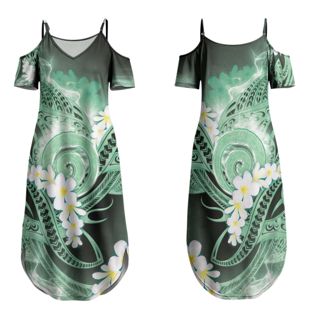 Piko Hawaiian Family Matching Summer Maxi Dress and Hawaiian Shirt Green Galaxy Spiral Plumeria Tribal Patterns DT05 Mom's Dress Green - Polynesian Pride