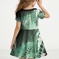 Piko Hawaiian Kid Short Sleeve Dress Green Galaxy Spiral Plumeria Tribal Patterns DT05 - Polynesian Pride