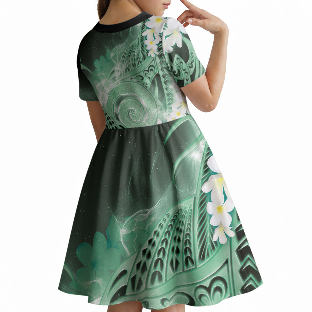 Piko Hawaiian Kid Short Sleeve Dress Green Galaxy Spiral Plumeria Tribal Patterns DT05 - Polynesian Pride