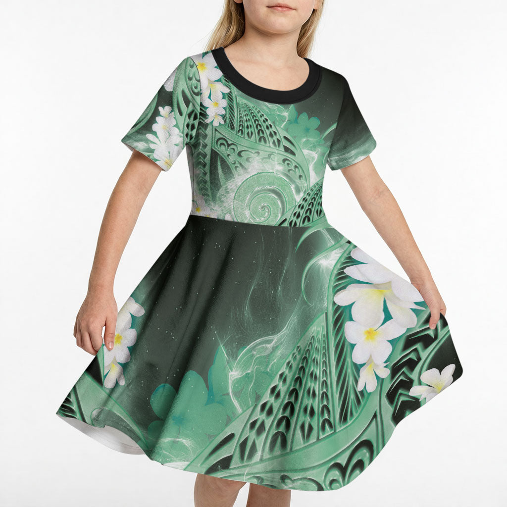 Piko Hawaiian Kid Short Sleeve Dress Green Galaxy Spiral Plumeria Tribal Patterns DT05 - Polynesian Pride