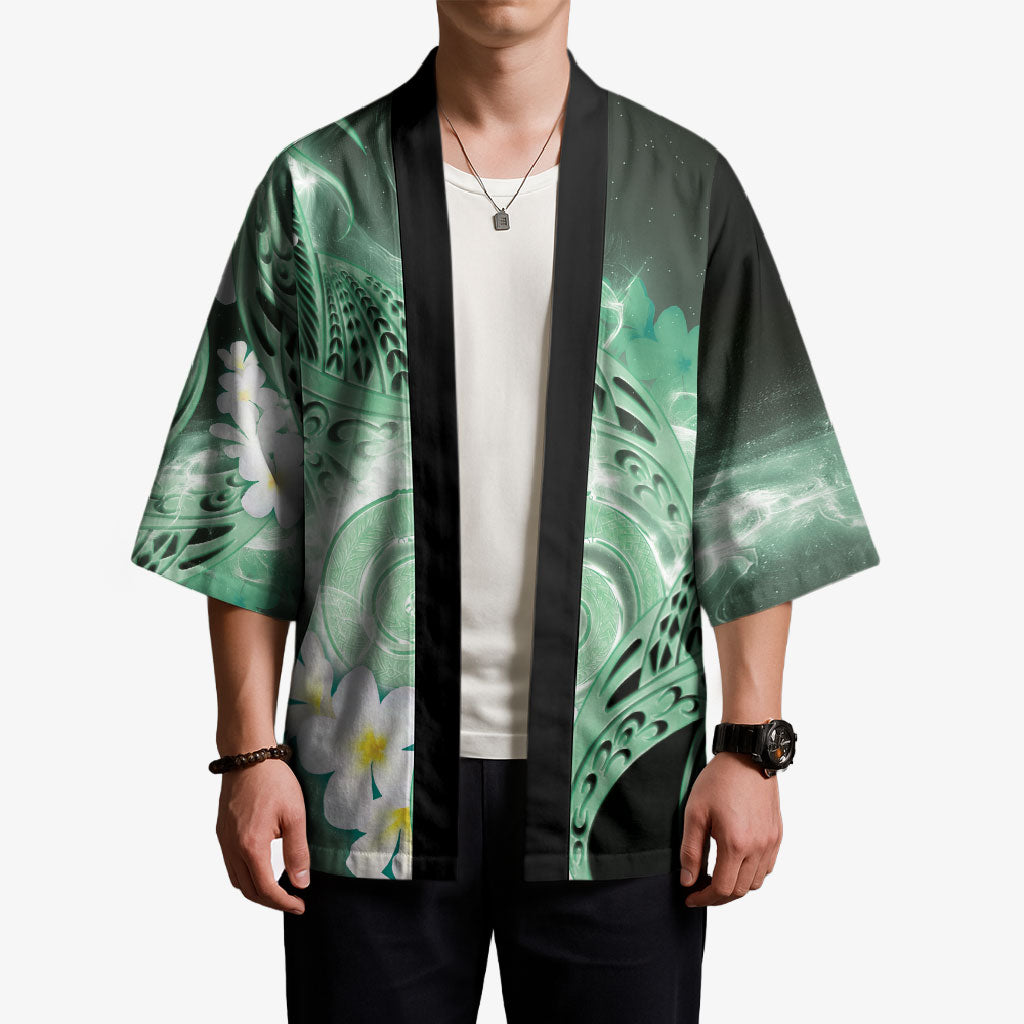 Piko Hawaiian Kimono Green Galaxy Spiral Plumeria Tribal Patterns DT05 - Polynesian Pride