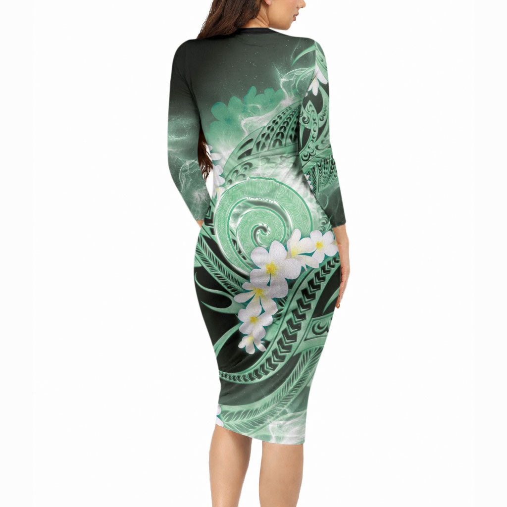 Piko Hawaiian Long Sleeve Bodycon Dress Green Galaxy Spiral Plumeria Tribal Patterns DT05 - Polynesian Pride