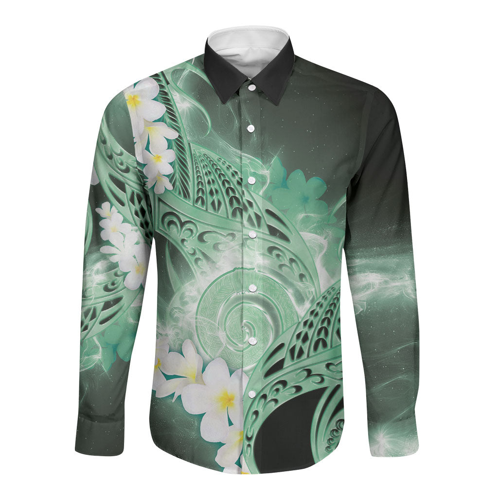 Piko Hawaiian Long Sleeve Button Shirt Green Galaxy Spiral Plumeria Tribal Patterns DT05 Unisex Green - Polynesian Pride