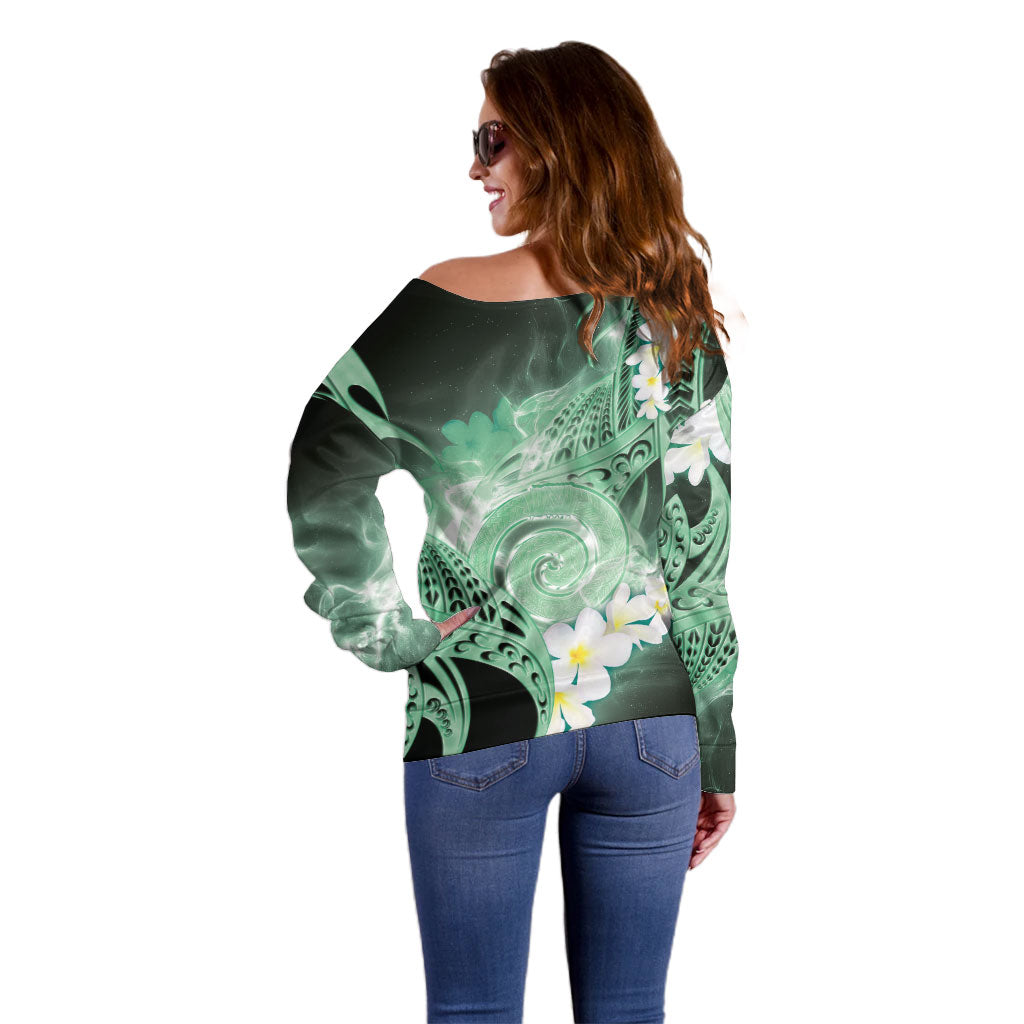 Piko Hawaiian Off Shoulder Sweater Green Galaxy Spiral Plumeria Tribal Patterns DT05 - Polynesian Pride