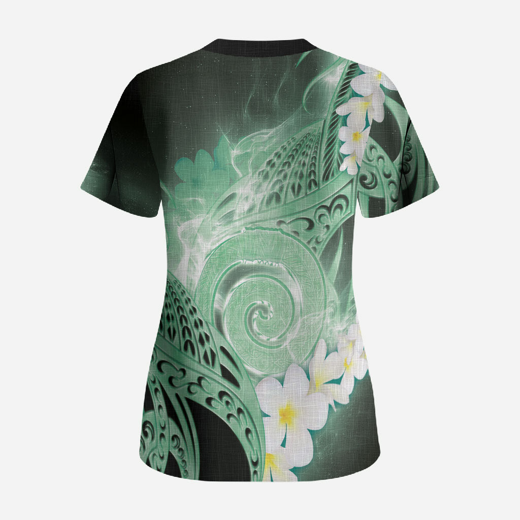 Piko Hawaiian Scrub Top Green Galaxy Spiral Plumeria Tribal Patterns DT05 - Polynesian Pride