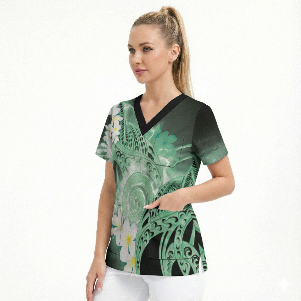 Piko Hawaiian Scrub Top Green Galaxy Spiral Plumeria Tribal Patterns DT05 - Polynesian Pride