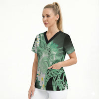 Piko Hawaiian Scrub Top Green Galaxy Spiral Plumeria Tribal Patterns DT05 - Polynesian Pride