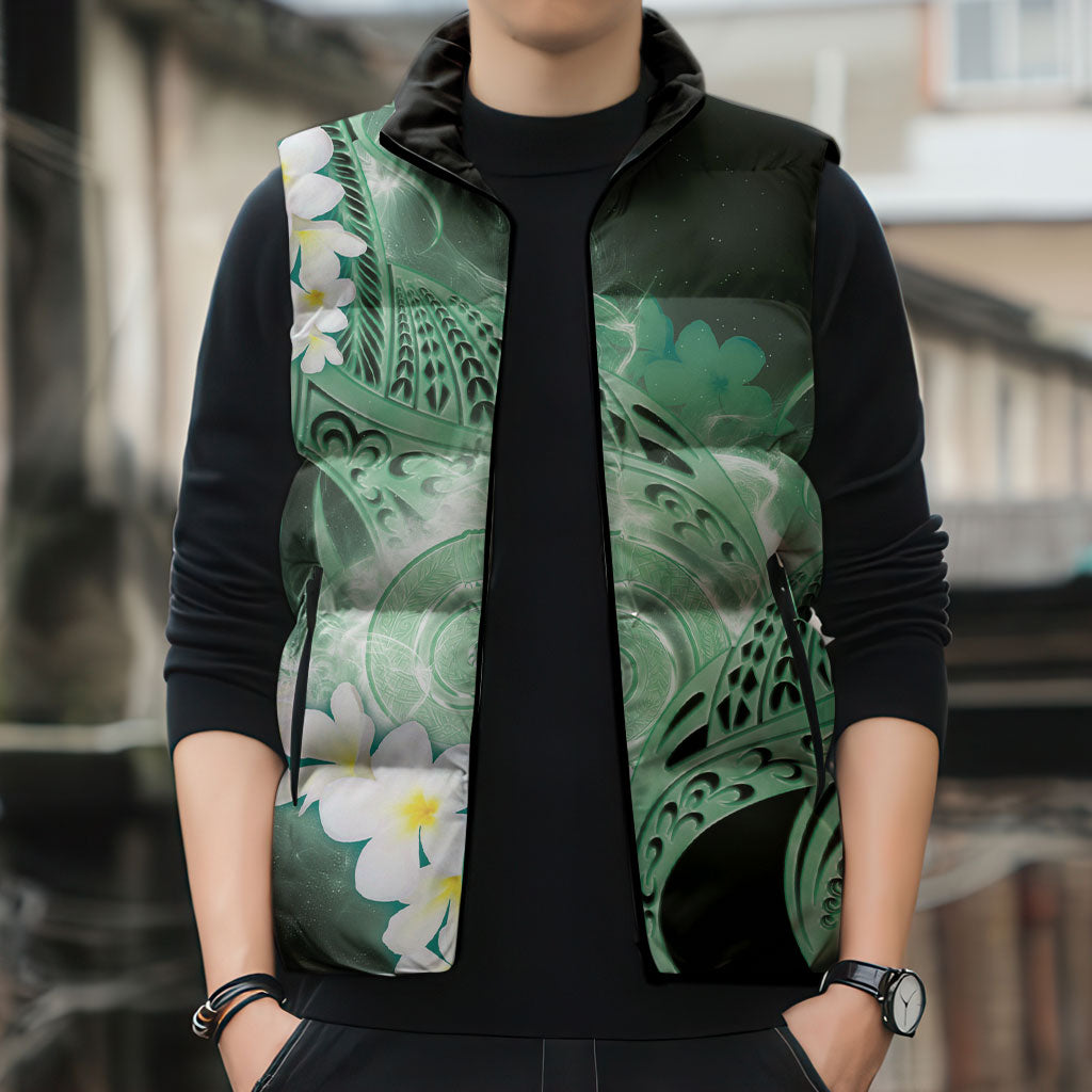 Piko Hawaiian Sleeveless Puffer Jacket Green Galaxy Spiral Plumeria Tribal Patterns DT05 - Polynesian Pride