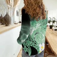 Piko Hawaiian Women Casual Shirt Green Galaxy Spiral Plumeria Tribal Patterns DT05 - Polynesian Pride