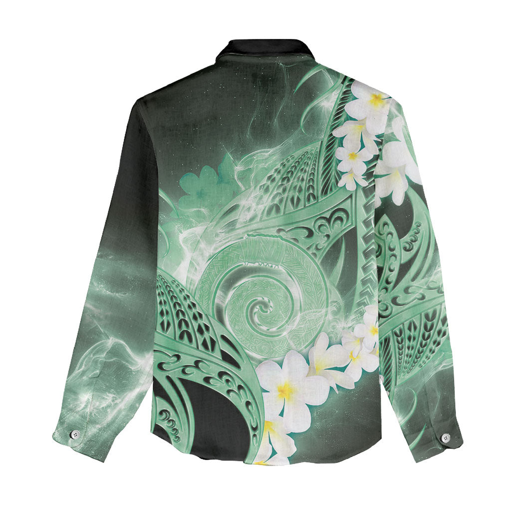 Piko Hawaiian Women Casual Shirt Green Galaxy Spiral Plumeria Tribal Patterns DT05 - Polynesian Pride